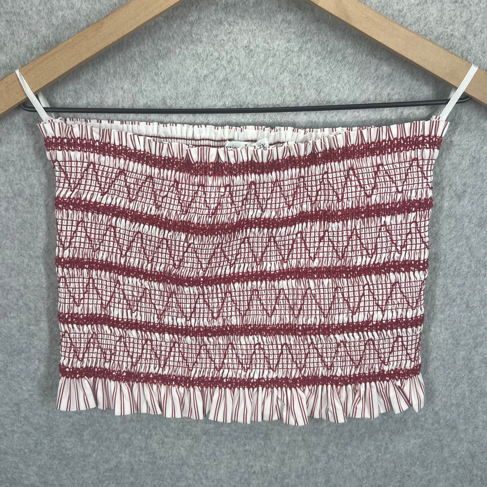 Christian Lacroix Tube Top Womens S Red White Striped Smocked Ruffle EUC